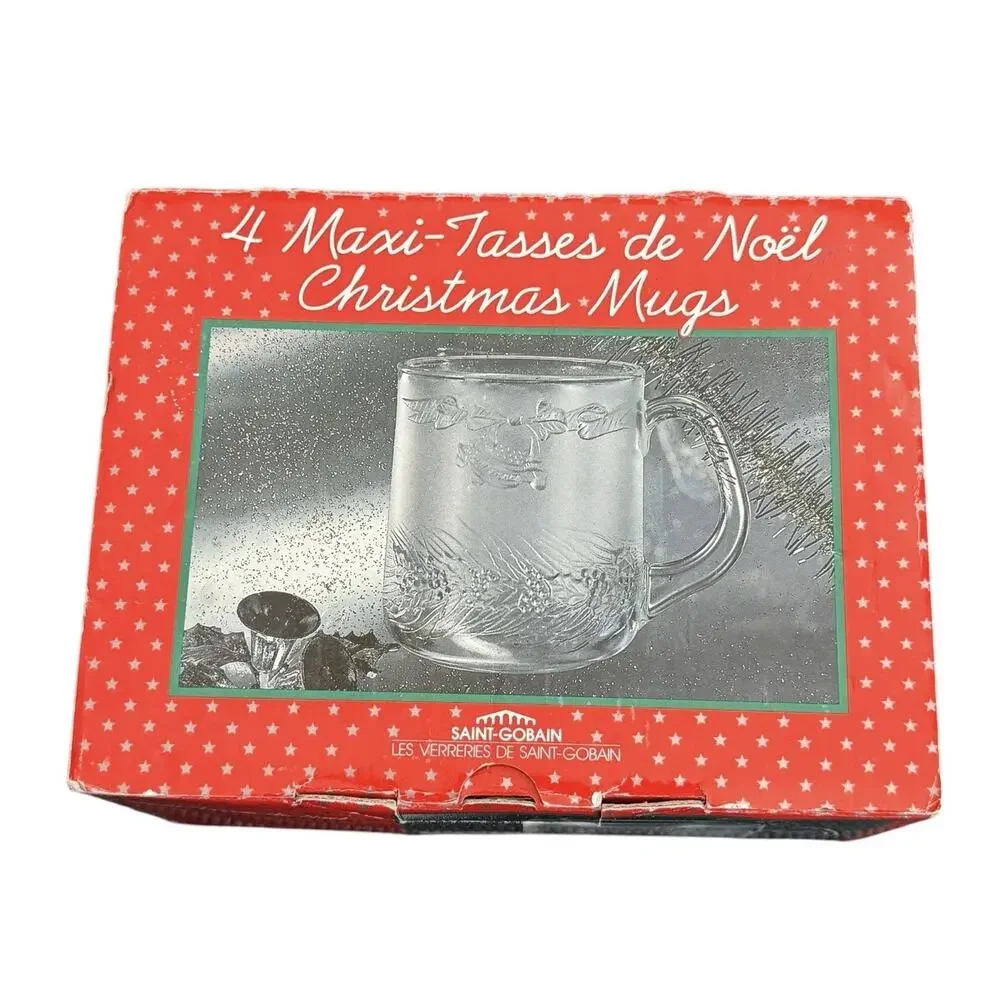 VTG Christmas Holiday Mugs (4) Duralex Saint-Gobain Maxi-Tasses De Noel Glass‎
